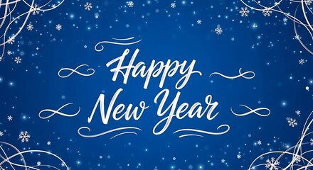 Festive Happy New Year Illustration with Snowflakes and Sparkling Design Elements on a Deep Blue Background Celebrating the Arrival of the New Year with Joy and Excitement