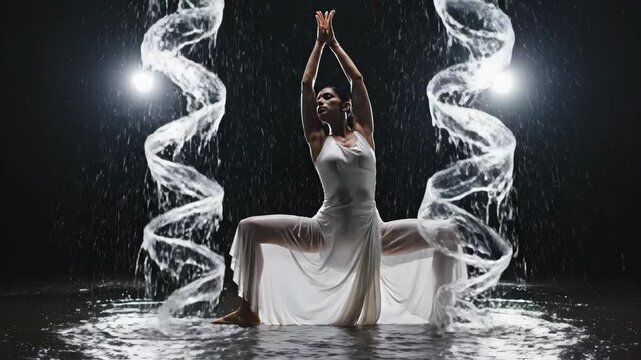 Woman dancer performs artistic water dance sequence. Graceful poses with flowing splashes and spirals in white dress. Fluid motion capturing liquid elegance in performance.