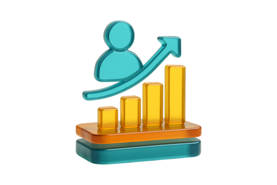 Personal Growth. Career Development. Success Chart. An isolated 3D glass icon of a person on a growth chart as a PNG clip art on a transparent background for personal development or business success c