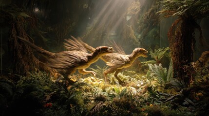 Two Velociraptors Running Through Prehistoric Dense Forest Environment