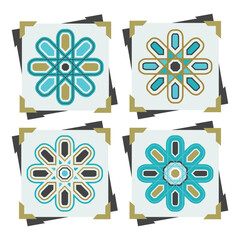 Blue and golden isolated flat style geometrical flowers set square stickers with corner labels icons set and black rotated shadows on white background