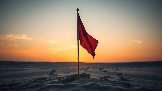sedition. Broken flagpole in sandy ground with retreating footprints, sunset symbolic of surrender. inspiring travel planning.