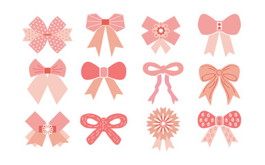 Trendy abstract assorted different styles cute pink bows flat style icons design elements set on white background