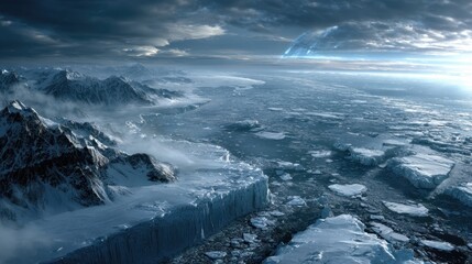 Astronomical View of Melting Glaciers and Rising Icebergs in a Polar Environment