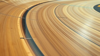 velodrome. Close-up of polished wooden velodrome track curve, spotlight on wood grain. event key visuals, club posters, designed for fitness apps and gym onboarding, used by fitness trainers.
