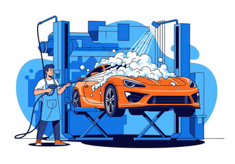 Man washing a modern orange sports car covered in soap foam on a hydraulic lift at a professional car wash station, isolated on transparent background