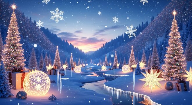 Enchanting Snowy Valley with Illuminated Christmas Trees and Snowflakes