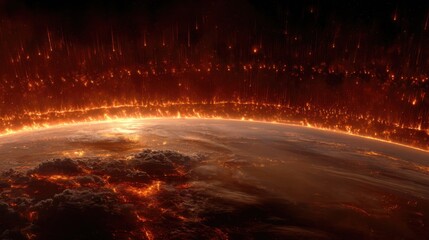 Apocalyptic Earth Scene with Cosmic Fire, Lava, and Meteor Shower in Space