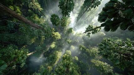 Aerial View of Towering Redwood and Tropical Forest with Sunlight and Mist