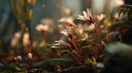 Close-up of blooming moss pink orchids with dark background and warm lighting