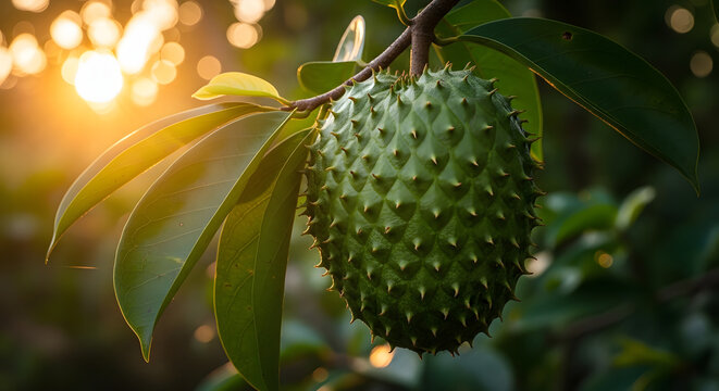 A fresh green soursop fruit hanging on a tree branch.