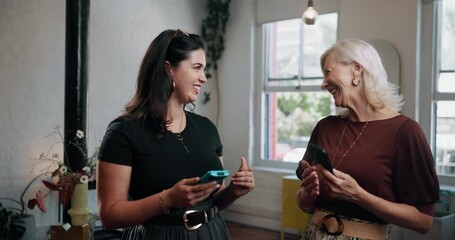 Happy women, customer or hairdresser with pos machine, phone or payment for service in beauty salon. Female person, client and paying with mobile smartphone, NFC or wireless transaction in parlor - Powered by Adobe