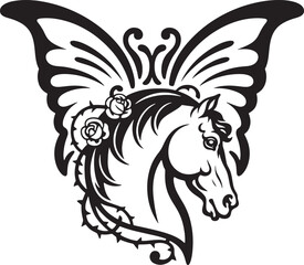 Fototapeta premium Black Silhouette Horse Head with Butterfly Wings and Roses