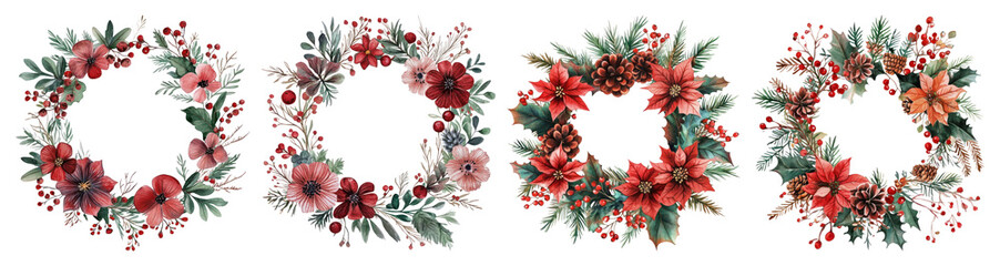 Fototapeta premium PNG Festive floral wreaths for decoration, element set on transparent background