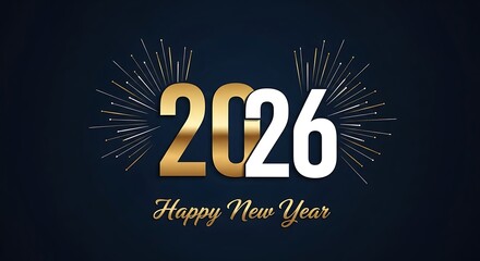 Elegant 2026 New Year Celebration Design with Gold and White Numbers Against a Dark Blue Background with Fireworks for Festive Season Greetings and Holiday Wishes