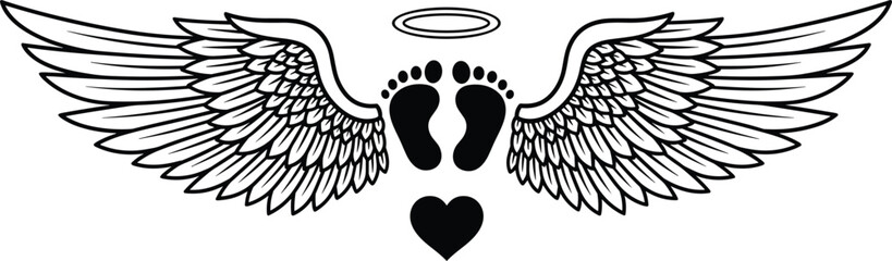 Black and white angel wings with baby footprints, halo, and heart symbol representing innocence, memorial remembrance, love, protection, and spirituality