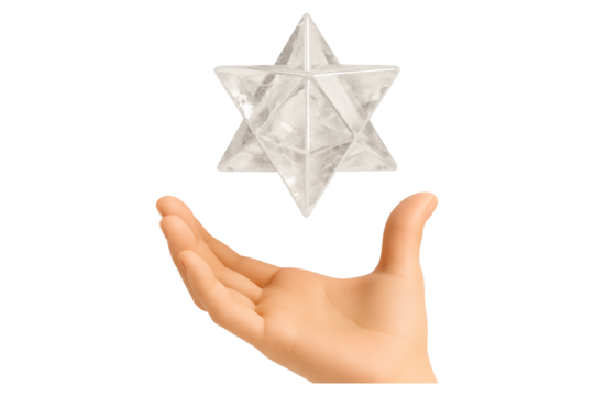 Merkaba. Sacred Geometry. Meditation. An isolated realistic hand holding a levitating crystal Merkaba star as a PNG clip art on a transparent background for spiritual or healing concepts.