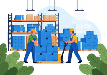 Two warehouse worker in safety helmet loading and moving stack of blue box package using hand pallet jack in storage facility isolated on transparent background