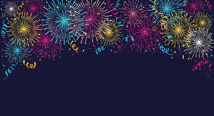 Festive Celebration Background with Colorful Fireworks Bursting Across the Dark Sky and Ribbons creating a joyful atmosphere perfect for holidays events and special occasions like New Years Eve