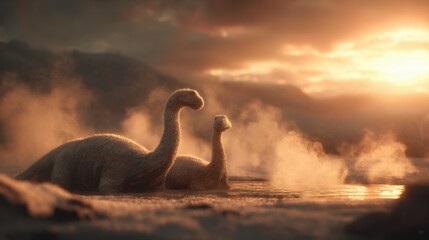 Two Basking Dinosaurs in Hot Spring During Sunset with Steam Cloud Effects