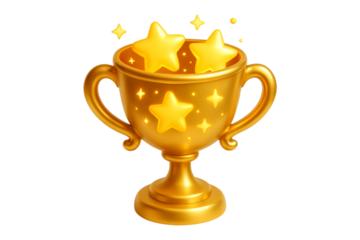 Trophy Cup. Winner. First Place. An isolated golden trophy cup full of sparkling stars as a PNG clip art on a transparent background for concepts of victory, achievement, or being the best.