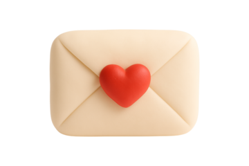 Love Letter. Valentine's Day. Envelope. An isolated 3D clay envelope with a red heart seal as a PNG clip art on a transparent background for Valentine's Day or wedding concepts.