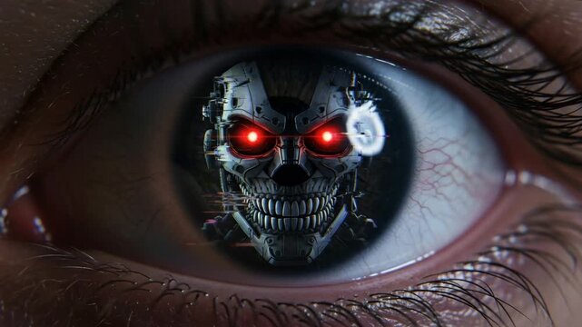 Eye with robotic skull reflection and glowing red eyes , A human eye reflects a glitching, menacing robot face The camera slowly pushes in on the eye dystopian, cinematic