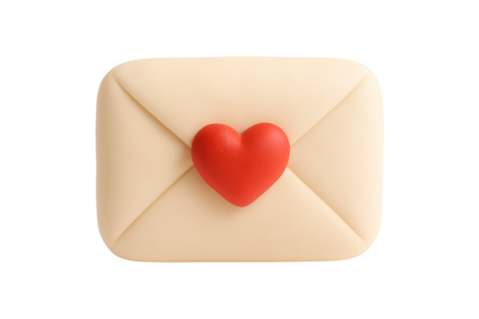 Love Letter. Valentine's Day. Envelope. An isolated 3D clay envelope with a red heart seal as a PNG clip art on a transparent background for Valentine's Day or wedding concepts.
