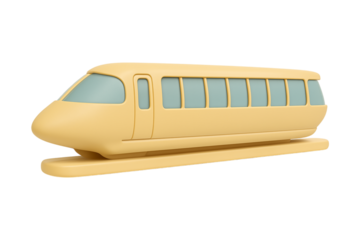 Monorail Train. Future Transport. Minimalist. An isolated yellow minimalist 3D model of a futuristic monorail train as a PNG clip art on a transparent background.