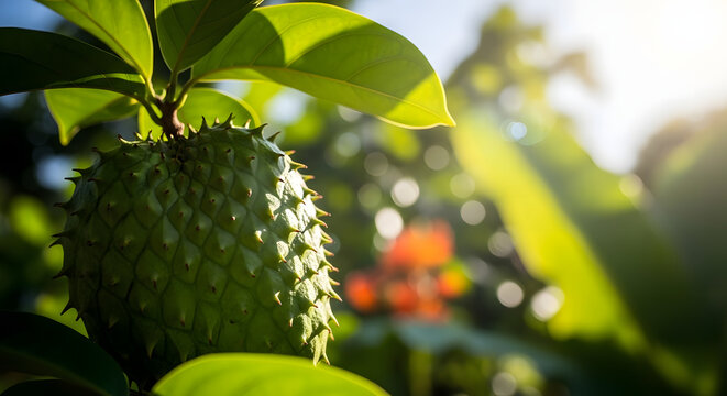 Close up of a green soursop fruit hanging from a tree branch with lush leaves.