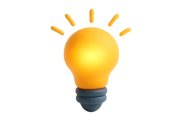 Lightbulb. Idea. Inspiration. An isolated glowing 3D lightbulb made of clay as a PNG clip art on a transparent background for creativity, innovation, or solution concepts.