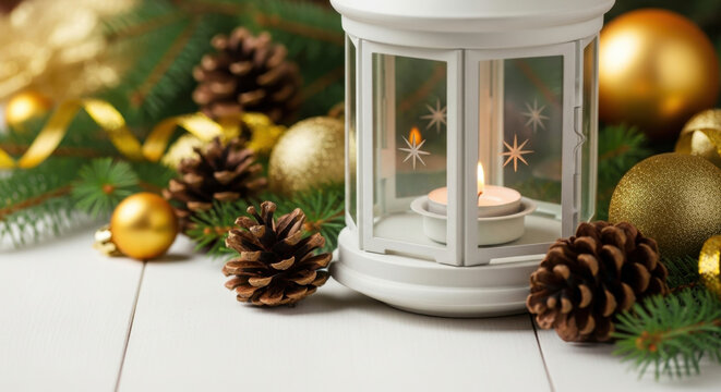 Festive Holiday Lantern Decoration with Pine Cones and Ornaments on White Surface