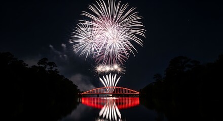Spectacular Fireworks Display Over a Lake with a Red Bridge Illuminating the Night Sky During a Celebration Show and Reflecting Beautifully on the Waters Surface