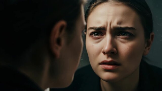 Young woman looking at herself in mirror with worried expression  , shifting from calm to anguish Raw, cinematic 