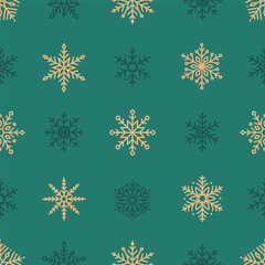Seamless pattern with cute minimalistic snowflakes. Festive winter holiday design for Christmas, New Year. Perfect for banner, wallpaper, wrapping paper, background, card, poster. Vector illustration