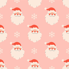 Seamless pattern with cute funny Santa Claus. Merry laughing traditional Christmas character. Design for banner, wallpaper, wrapping paper, background, card, poster. Vector illustration in flat style