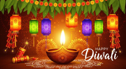Happy Diwali Celebration: Lit Oil Lamp with Colorful Lanterns and Decorations Background