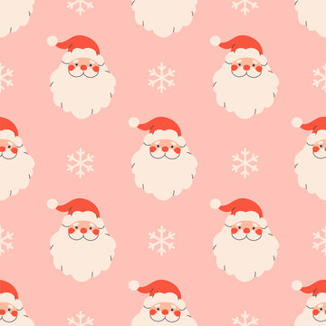 Seamless pattern with cute funny Santa Claus. Merry laughing traditional Christmas character. Design for banner, wallpaper, wrapping paper, background, card, poster. Vector illustration in flat style