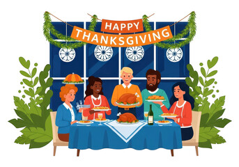 Diverse group of happy people celebrating thanksgiving holiday together around a dining table with turkey and festive decoration isolated on transparent background