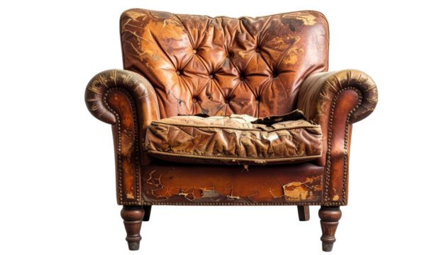 Old sofa isolated on white background, vintage furniture illustration, worn-out couch, retro interior design concept, antique seating, home décor and living room visual PNG.