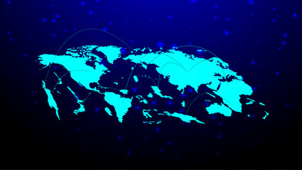 world map on black background sparkling particles that rotate illuminate globe representing global connections