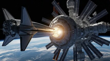 Spacecraft docking with futuristic space station in low Earth orbit - Powered by Adobe