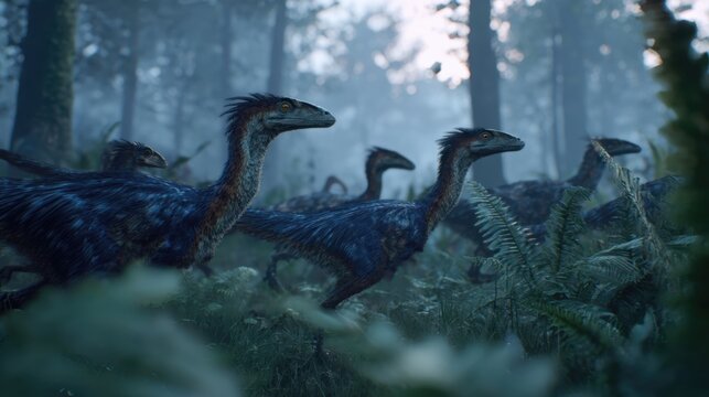 Group of Velociraptor Dinosaurs Running Through a Forest in a Prehistoric Scene