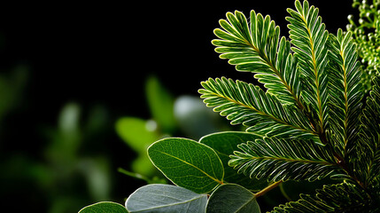 Botanical Elegance: A close-up view presents the beauty of diverse green foliage against a black backdrop, showcasing delicate textures and intricate details of the natural world.