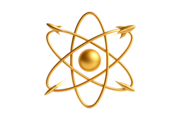 Atom. Science. Physics. An isolated 3D golden atom symbol with orbiting electrons as a PNG clip art on a transparent background for education, nuclear energy, or chemistry concepts.