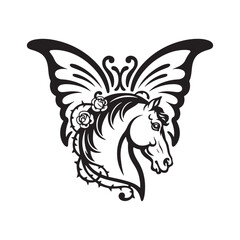 Horse head with butterfly wings and roses line art