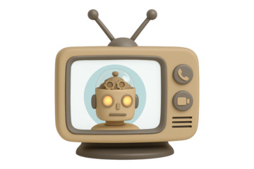 Retro TV. Robot. Artificial Intelligence. An isolated 3D beige retro television displaying a robot face on the screen as a PNG clip art on a transparent background for technology or broadcast concepts