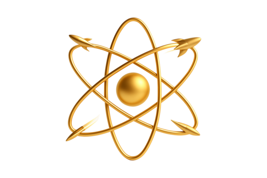 Atom. Science. Physics. An isolated 3D golden atom symbol with orbiting electrons as a PNG clip art on a transparent background for education, nuclear energy, or chemistry concepts.