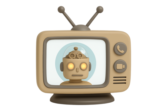 Retro TV. Robot. Artificial Intelligence. An isolated 3D beige retro television displaying a robot face on the screen as a PNG clip art on a transparent background for technology or broadcast concepts