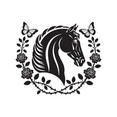 Horse head with roses and butterflies silhouette animal